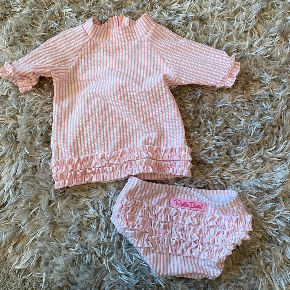Ruffle butts pink seersucker bathing suit size 12-18 months